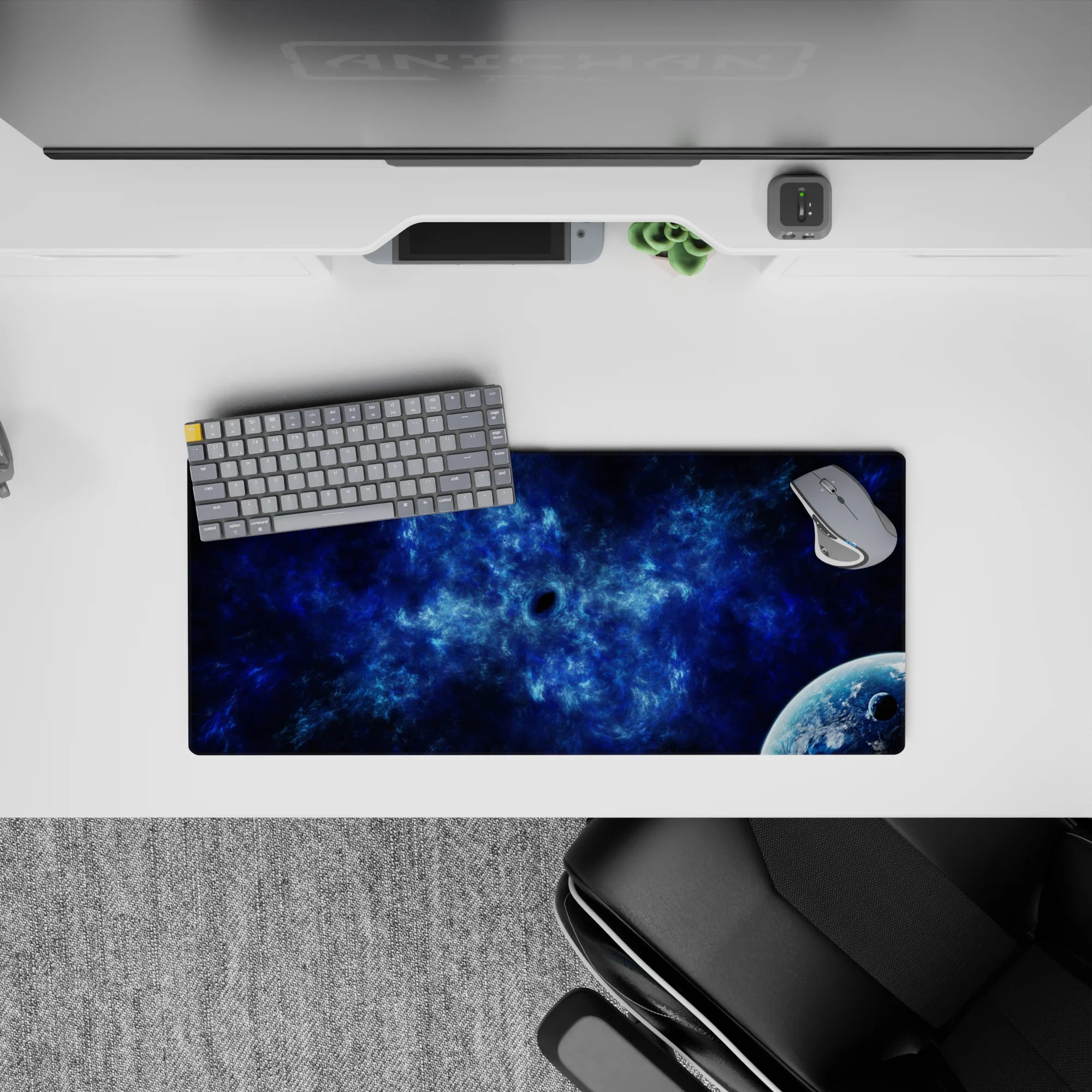Midnight navy and icy cobalt mouse pad 28x12 inches with calm smoky blues for a cool late-night vibe.