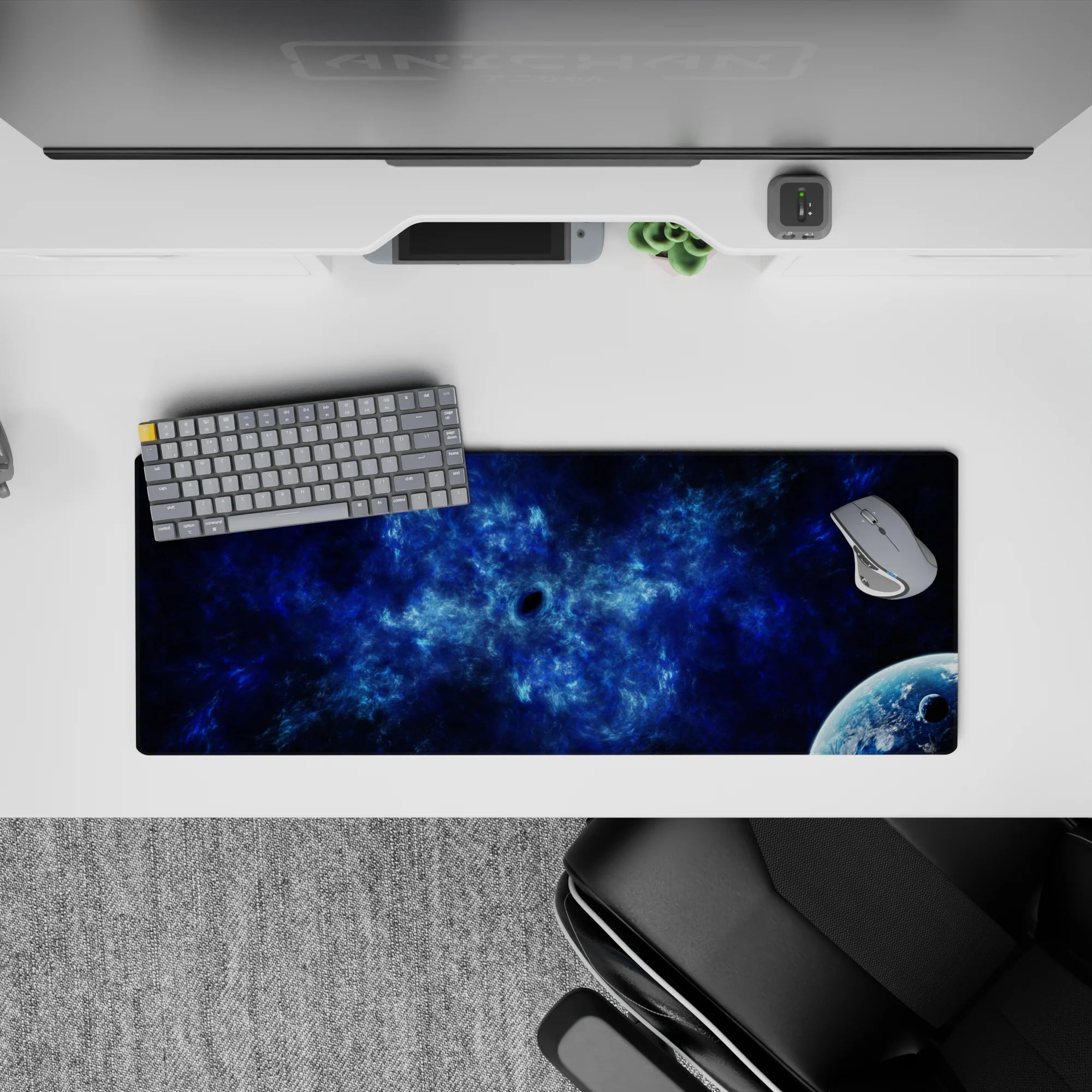 Midnight navy and icy cobalt mouse pad 32x12 inches with calm smoky textures for a cool late-night vibe.