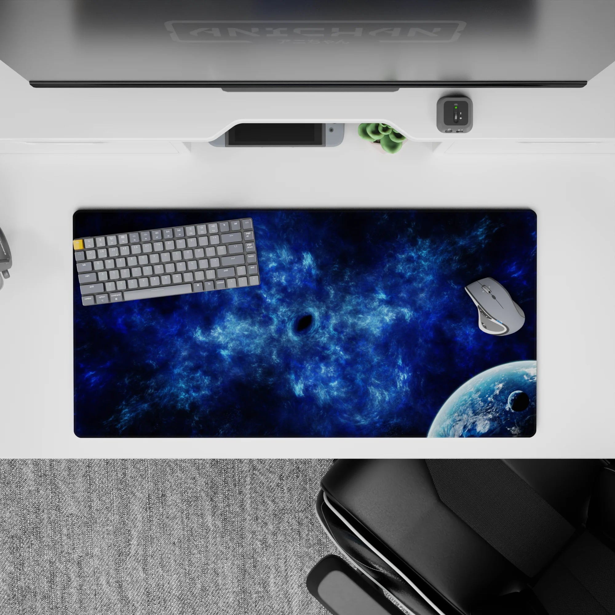 Midnight navy and icy cobalt desk mouse pad 32x16 inches with calm deep-space vibe and cool blues.