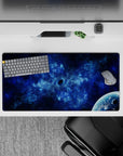 Midnight navy and icy cobalt desk mouse pad 32x16 inches with calm deep-space vibe and cool blues.