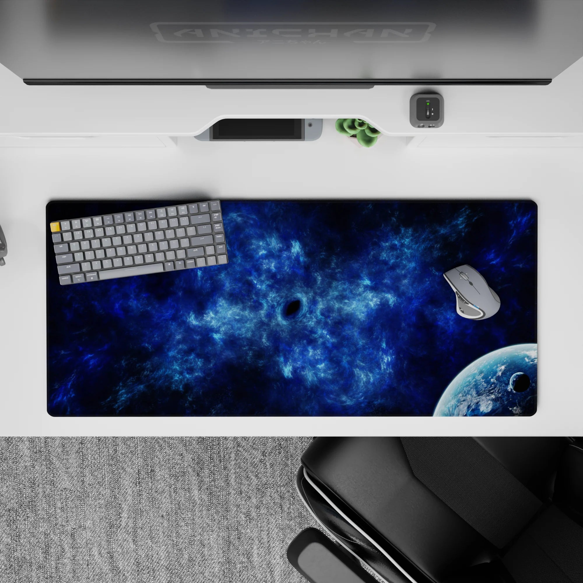 Midnight navy and icy cobalt desk pad 36x16 inches, smoky calm space vibe for late-night setups.