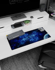 Nebula swirl with tiny dark void and distant planet mouse pad 28x12 inches for smooth desk tracking.