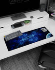 Tiny dark void and distant planet scene mouse pad 32x12 inches with swirling nebula clouds in deep blues.