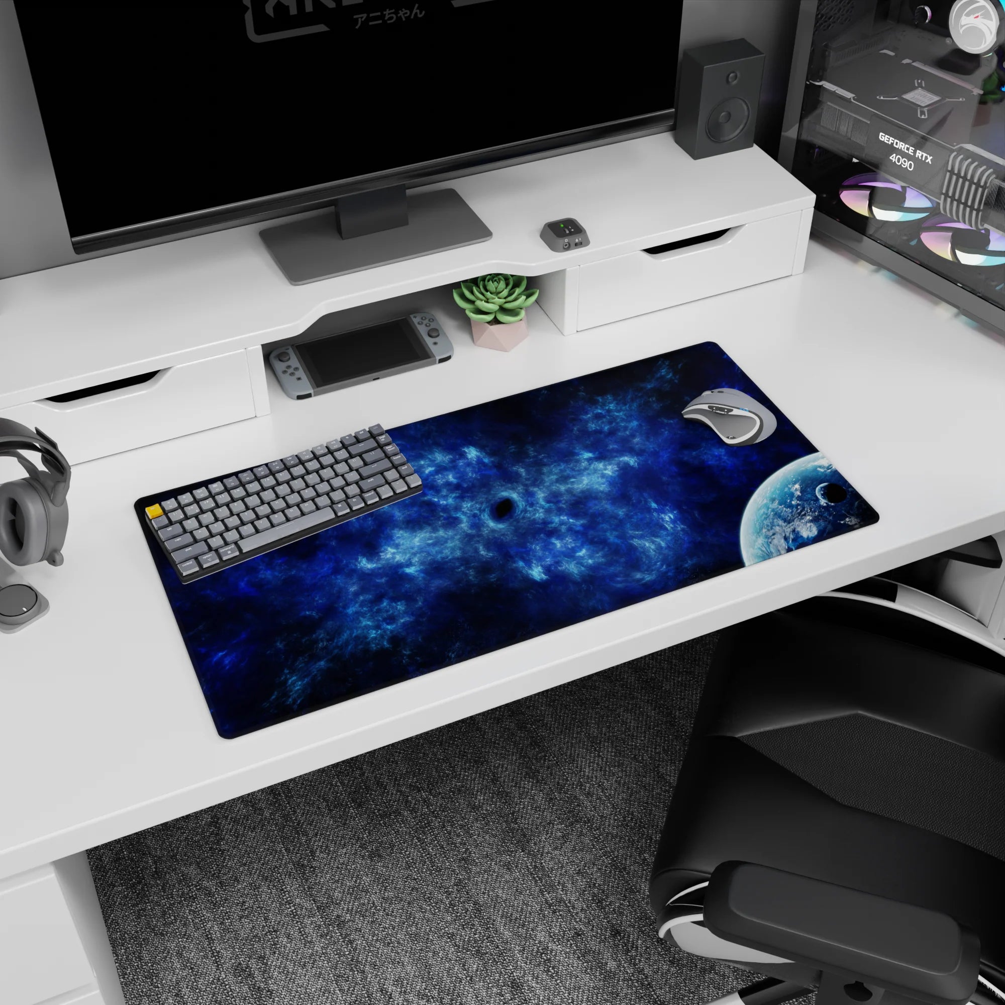 Tiny dark void in cloudy nebula scene mouse pad 32x16 inches with a glossy planet peeking in corner.