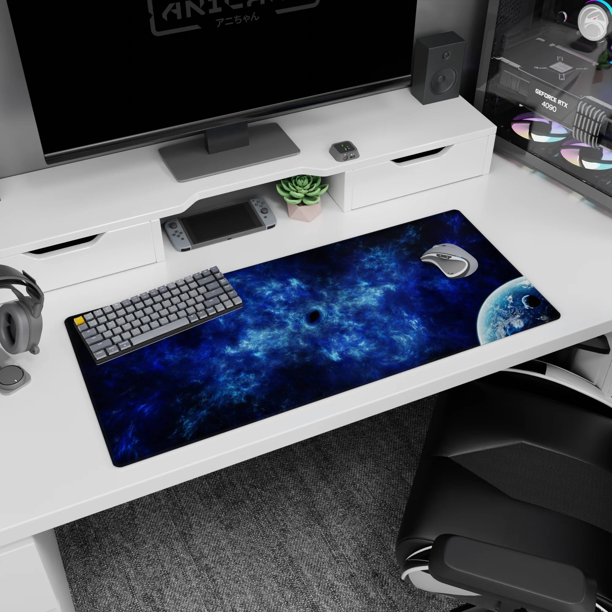 Tiny dark void in swirling nebula desk pad 36x16 inches, with a glossy quiet planet peeking in.