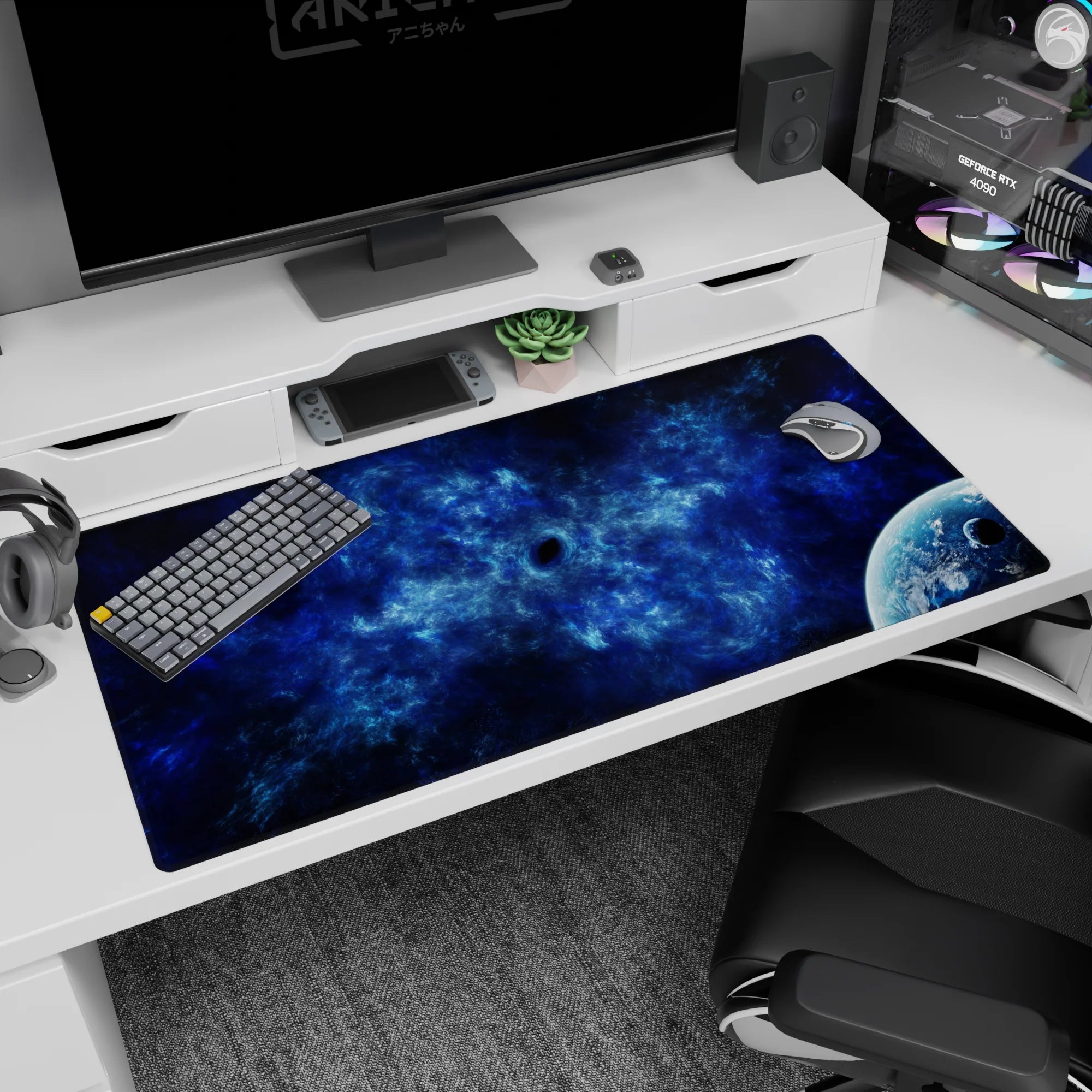 Tiny dark void and distant planet scene desk pad 40x20 inches, swirling nebula clouds across a blue galaxy.