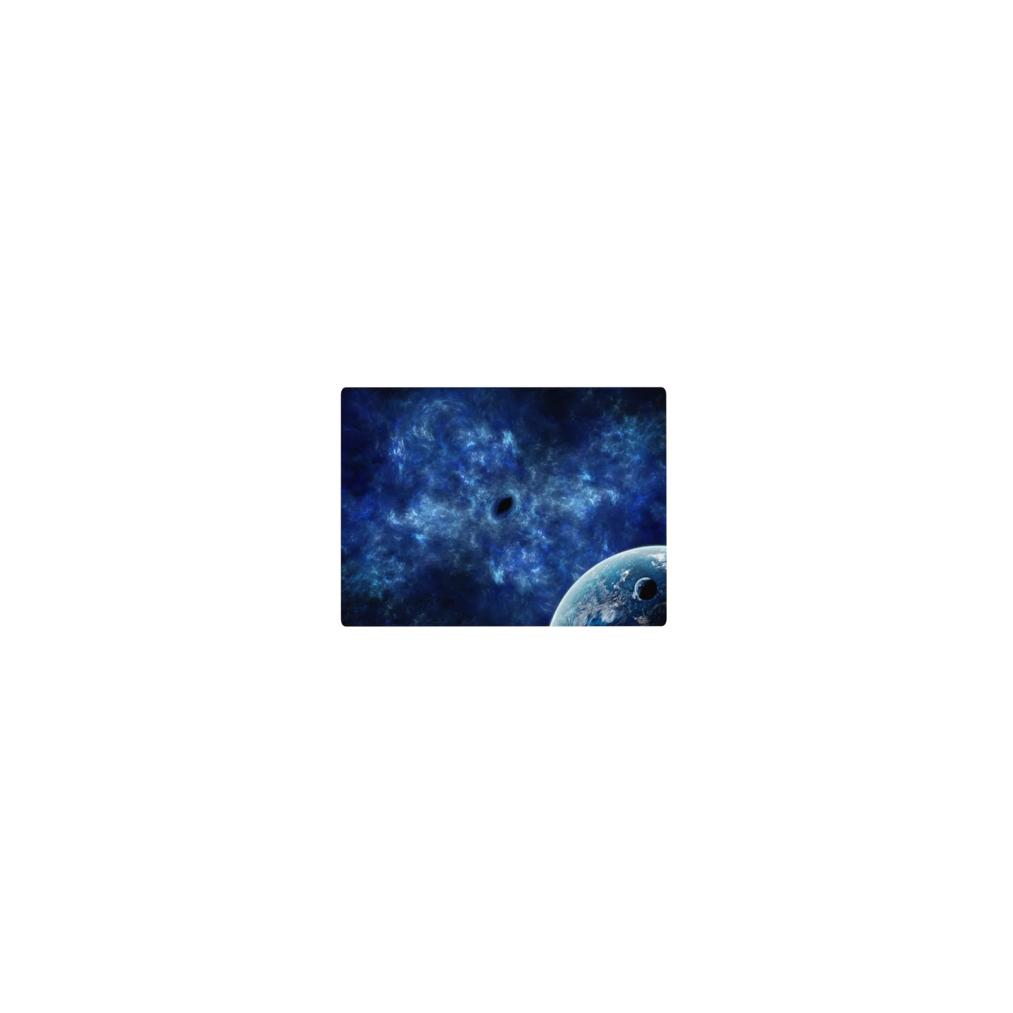 Space nebula swirl classic mouse pad 14x10 inches with distant planet in a deep-space scene.