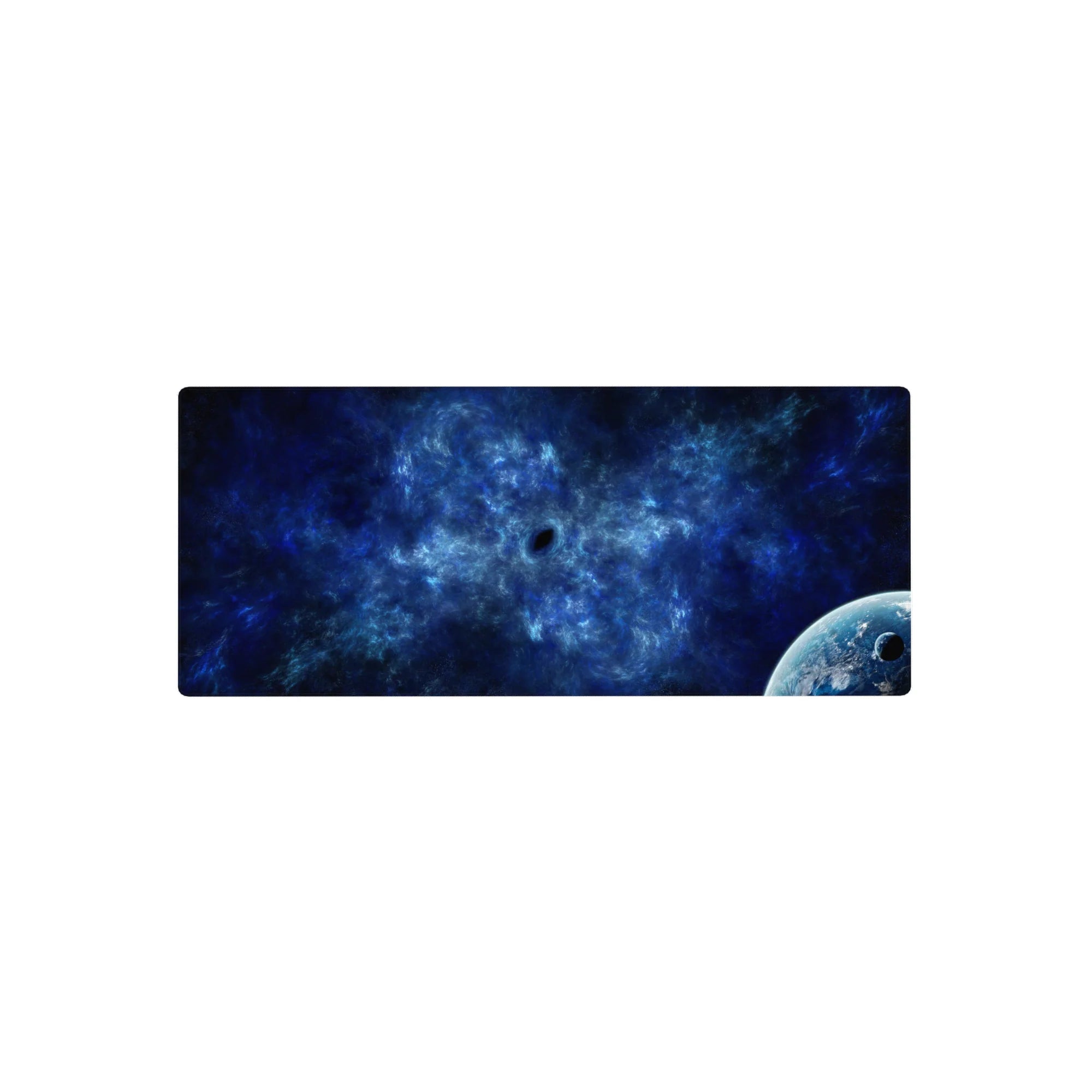 Deep space nebula desk mouse pad 28x12 inches with swirling clouds, midnight navy backdrop, and planet.