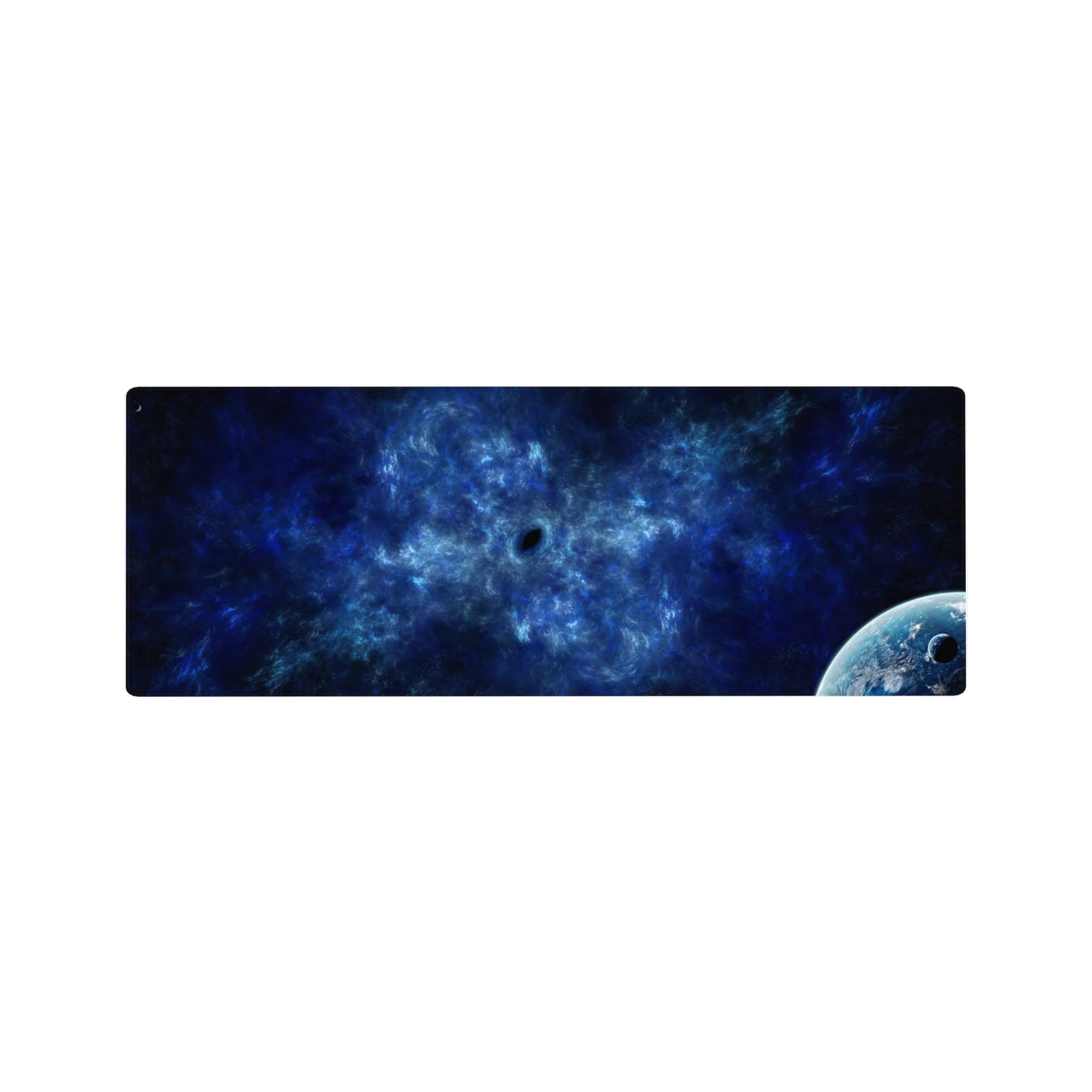 Deep space nebula desk mouse pad 32x12 inches with cloudy swirls, midnight navy backdrop, and planet corner.
