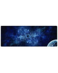 Deep space nebula desk mouse pad 32x12 inches with cloudy swirls, midnight navy backdrop, and planet corner.