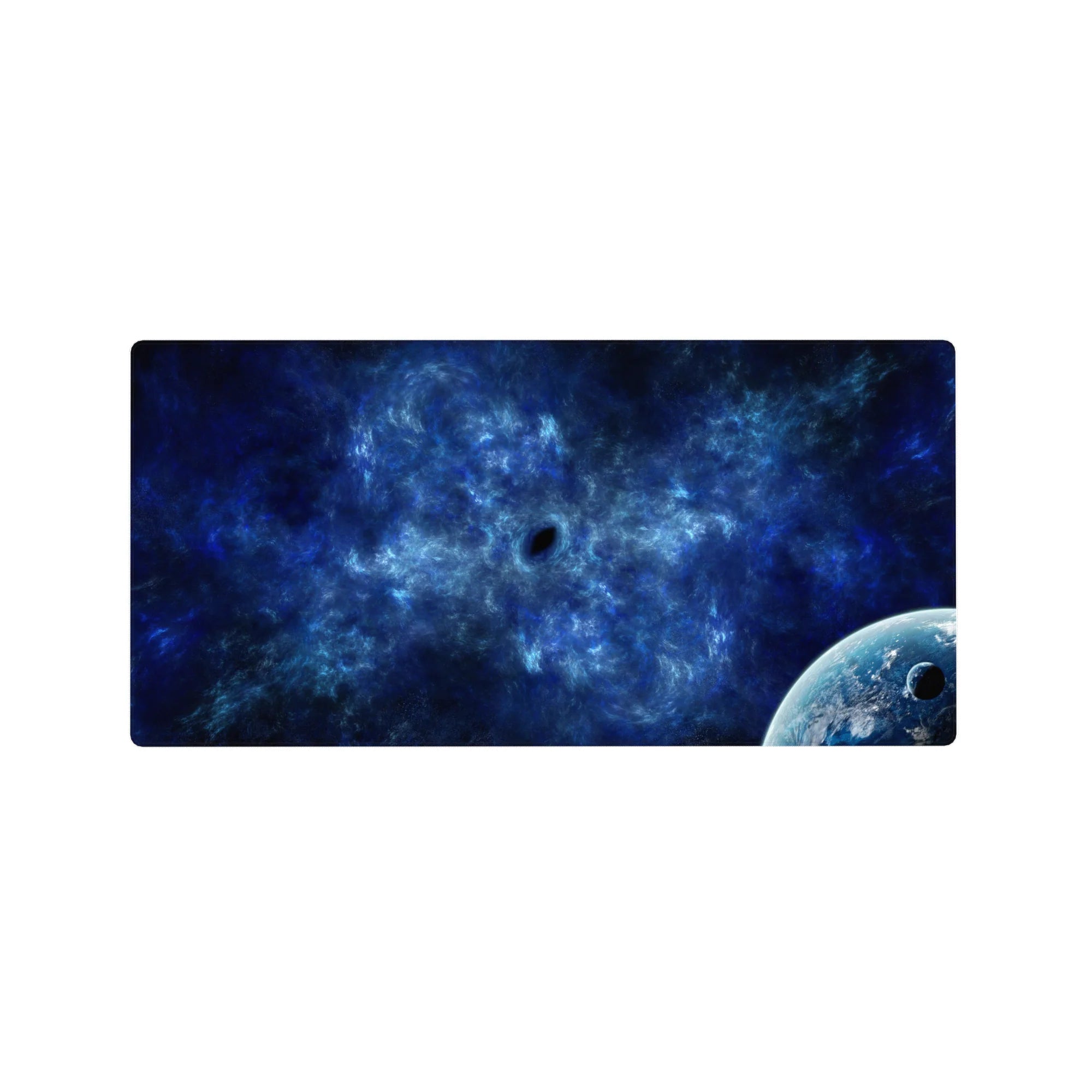 Nebula swirl space mouse pad 32x16 inches with distant planet corner and smoky cosmic texture.