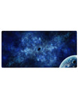 Nebula swirl space mouse pad 32x16 inches with distant planet corner and smoky cosmic texture.