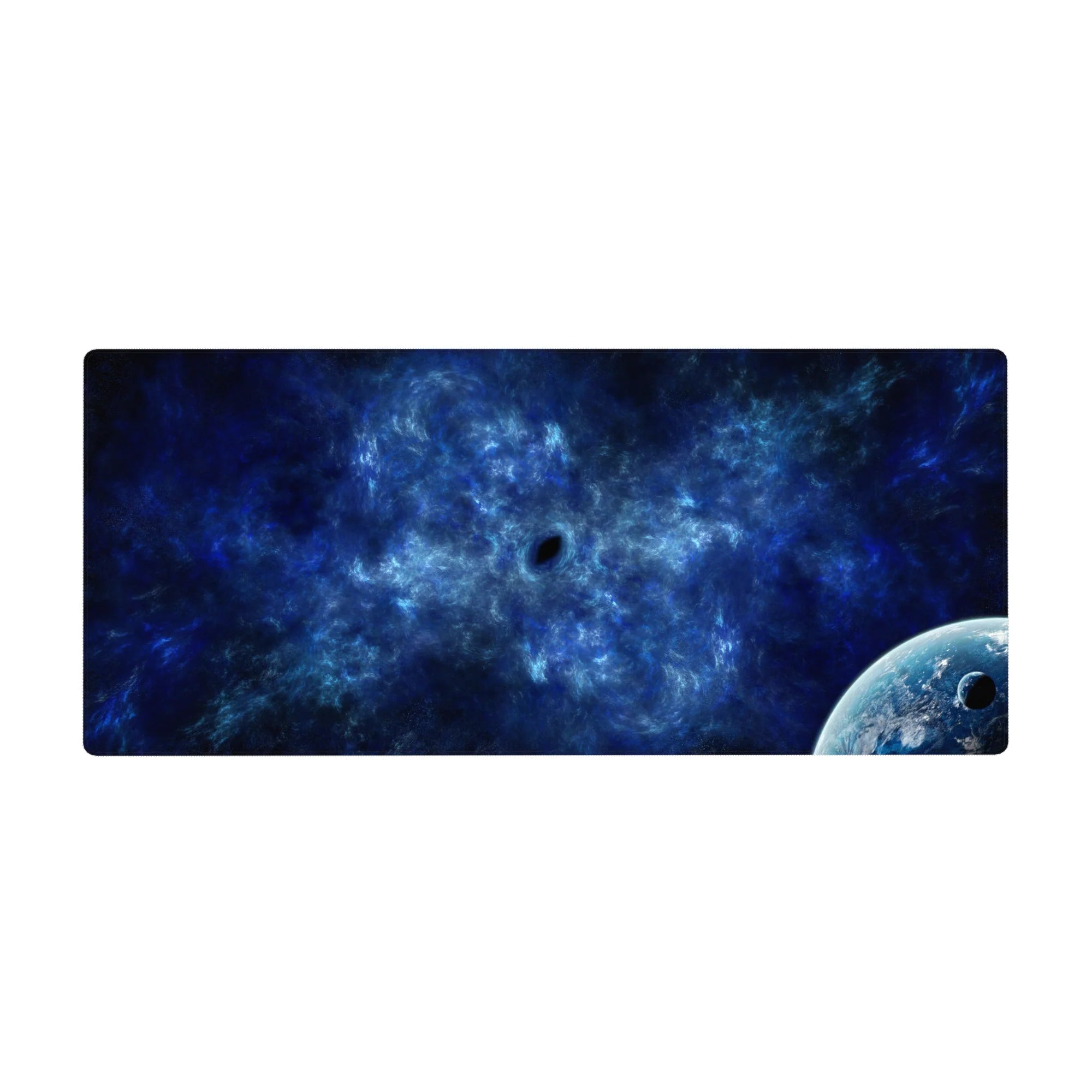 Deep-space nebula desk pad 36x16 inches with cloudy swirls and a distant planet corner detail.
