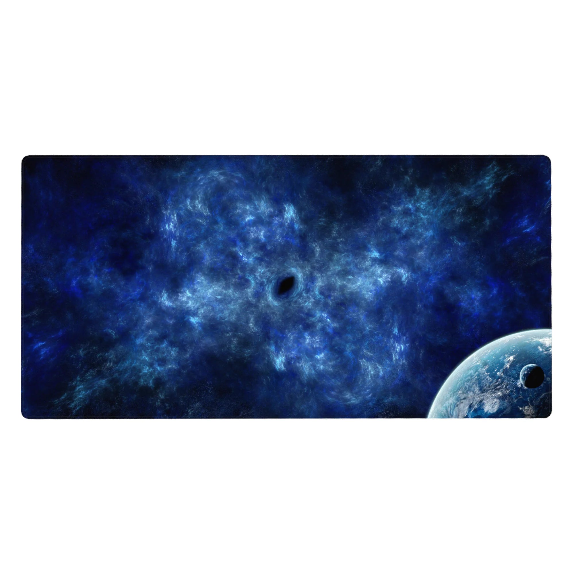 Deep-space nebula desk pad 40x20 inches with smoky swirls, midnight navy backdrop, and corner planet.