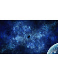 Deep-space nebula desk pad 40x20 inches with smoky swirls, midnight navy backdrop, and corner planet.