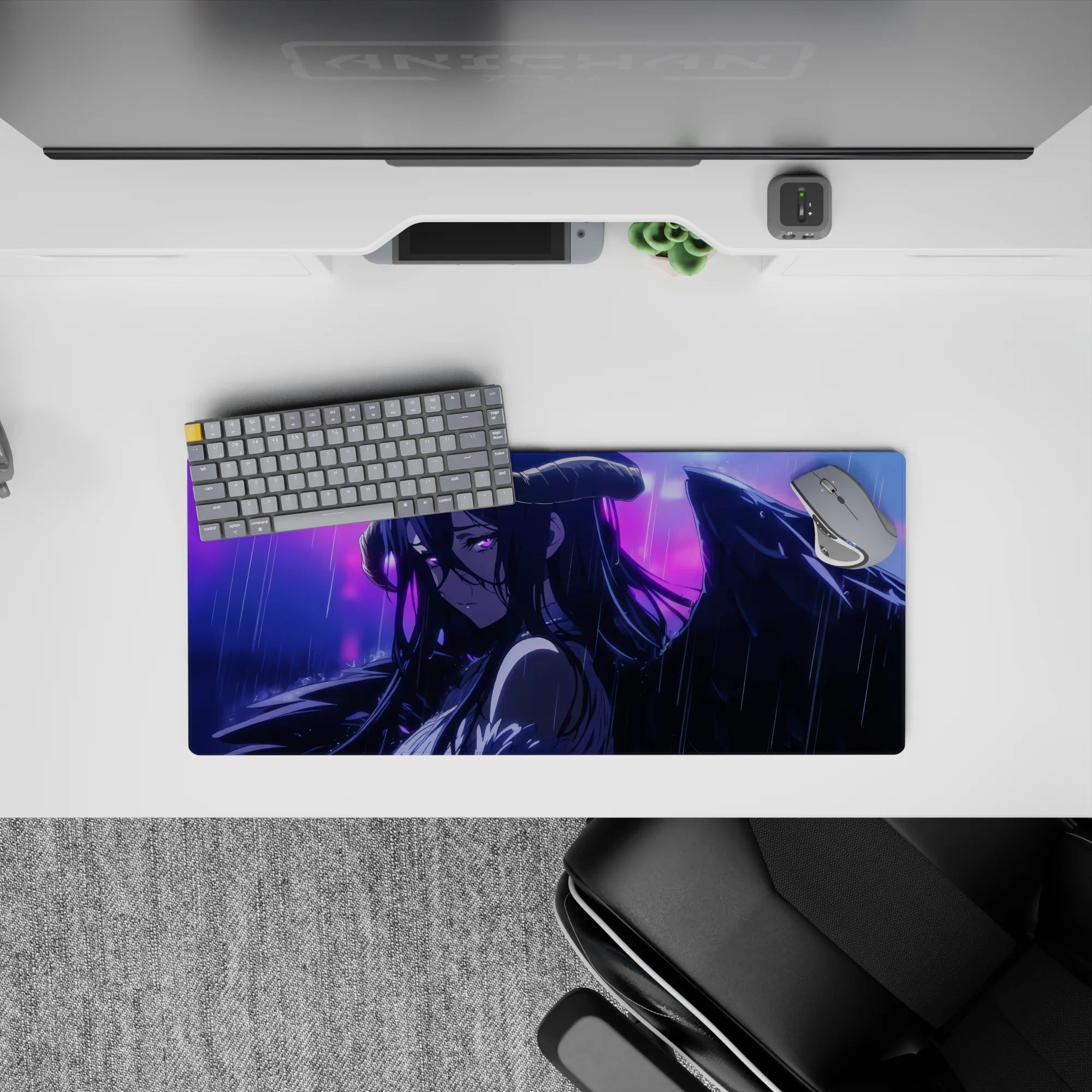 Albedo from Overlord on 28x12 inch anime mouse pad, captures her in rain with drooping wings and shimmering violet eyes.
