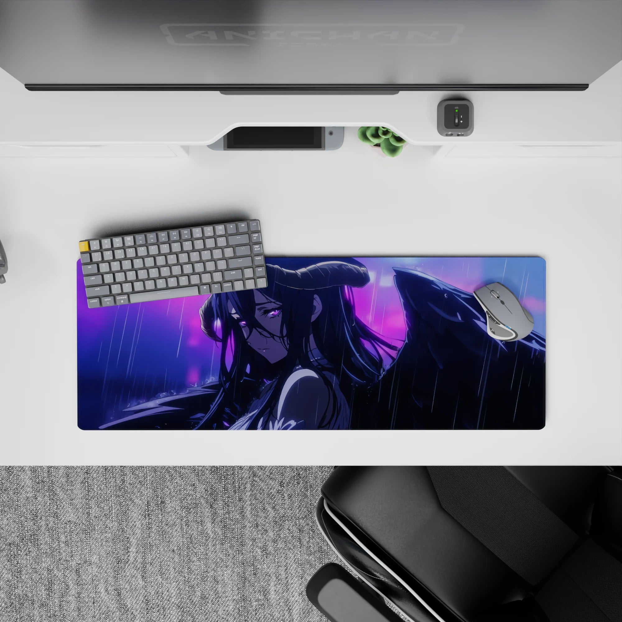 Albedo from Overlord in the rain on 32x12 inch anime mouse pad, wings drooping, violet eyes shimmering with emotion.
