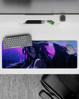 Albedo from Overlord in the rain on 32x12 inch anime mouse pad, wings drooping, violet eyes shimmering with emotion.