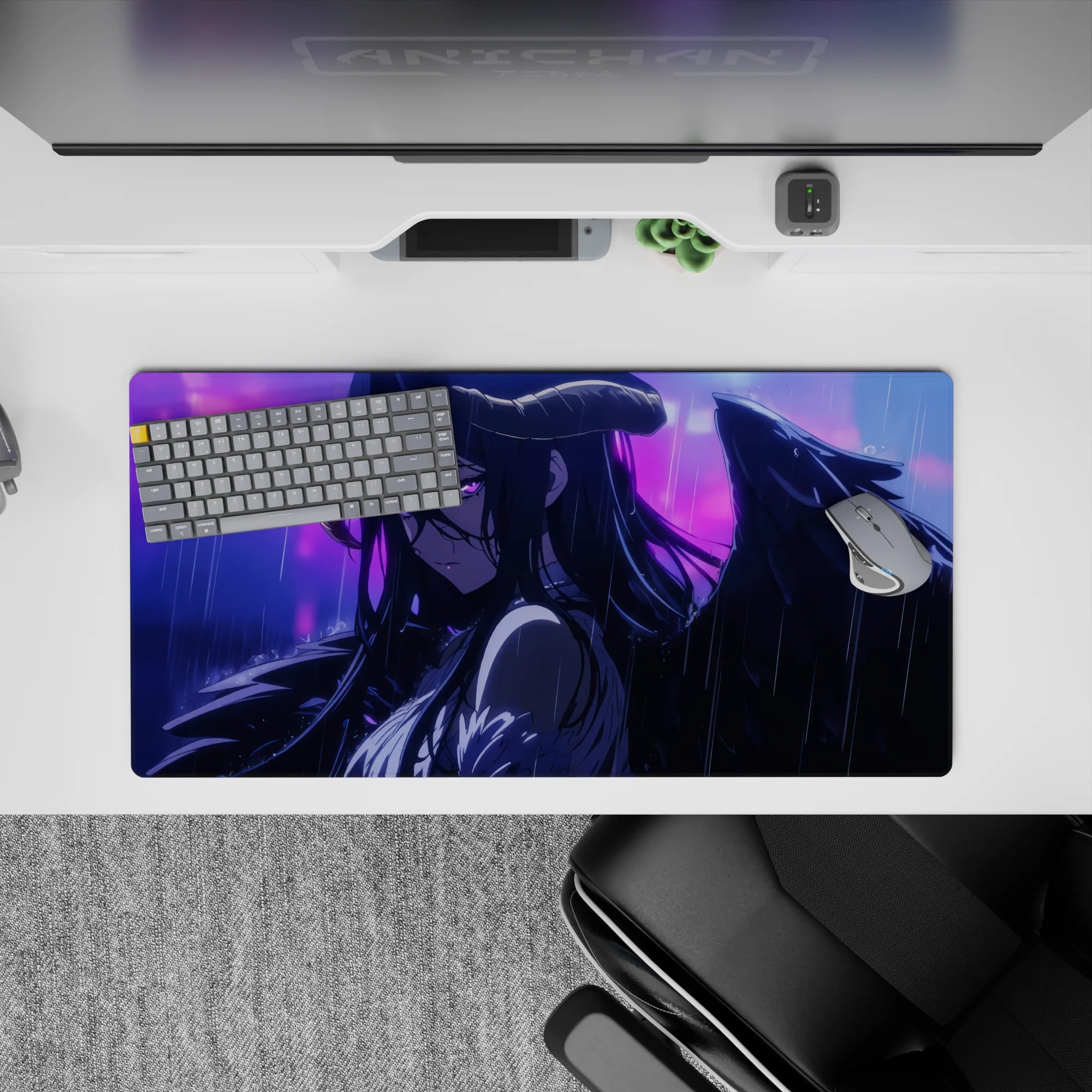 Albedo from Overlord on 32x16 inch anime mouse pad, her wings droop in the rain, violet eyes full of unspoken pain.