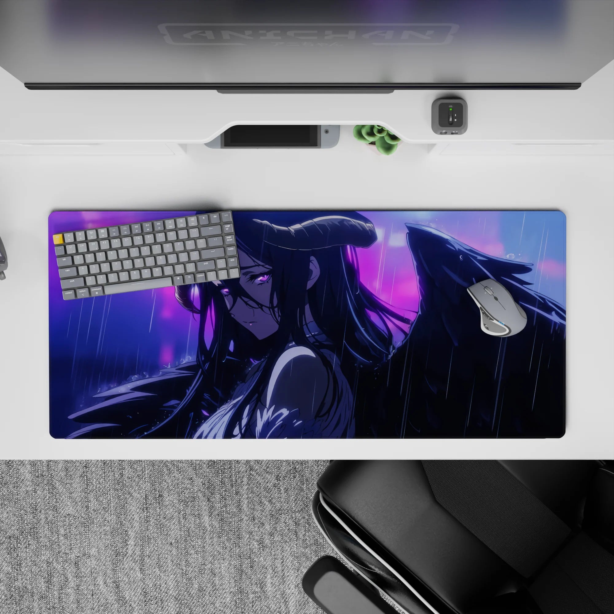 Anime mouse pad 36x16 inches featuring Albedo from Overlord, caught in rain, with obsidian wings and violet eyes.
