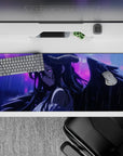 Anime mouse pad 36x16 inches featuring Albedo from Overlord, caught in rain, with obsidian wings and violet eyes.