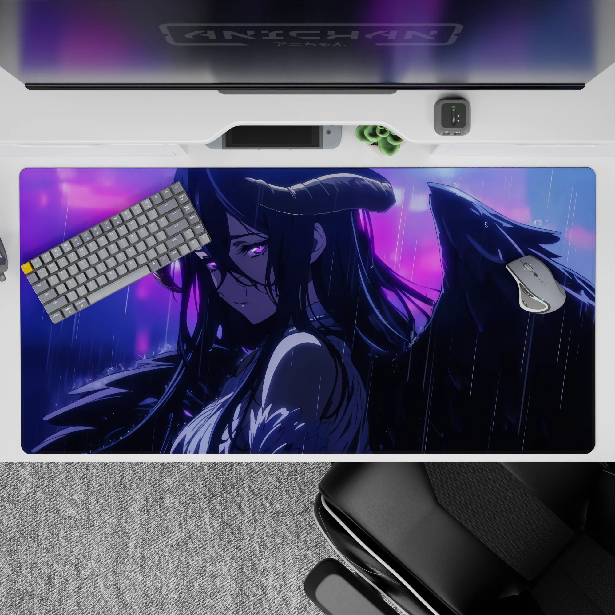 Albedo from Overlord caught in the rain on a 40x20 inch anime mouse pad, with vivid purples and blues capturing her beauty.