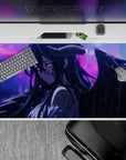 Albedo from Overlord caught in the rain on a 40x20 inch anime mouse pad, with vivid purples and blues capturing her beauty.