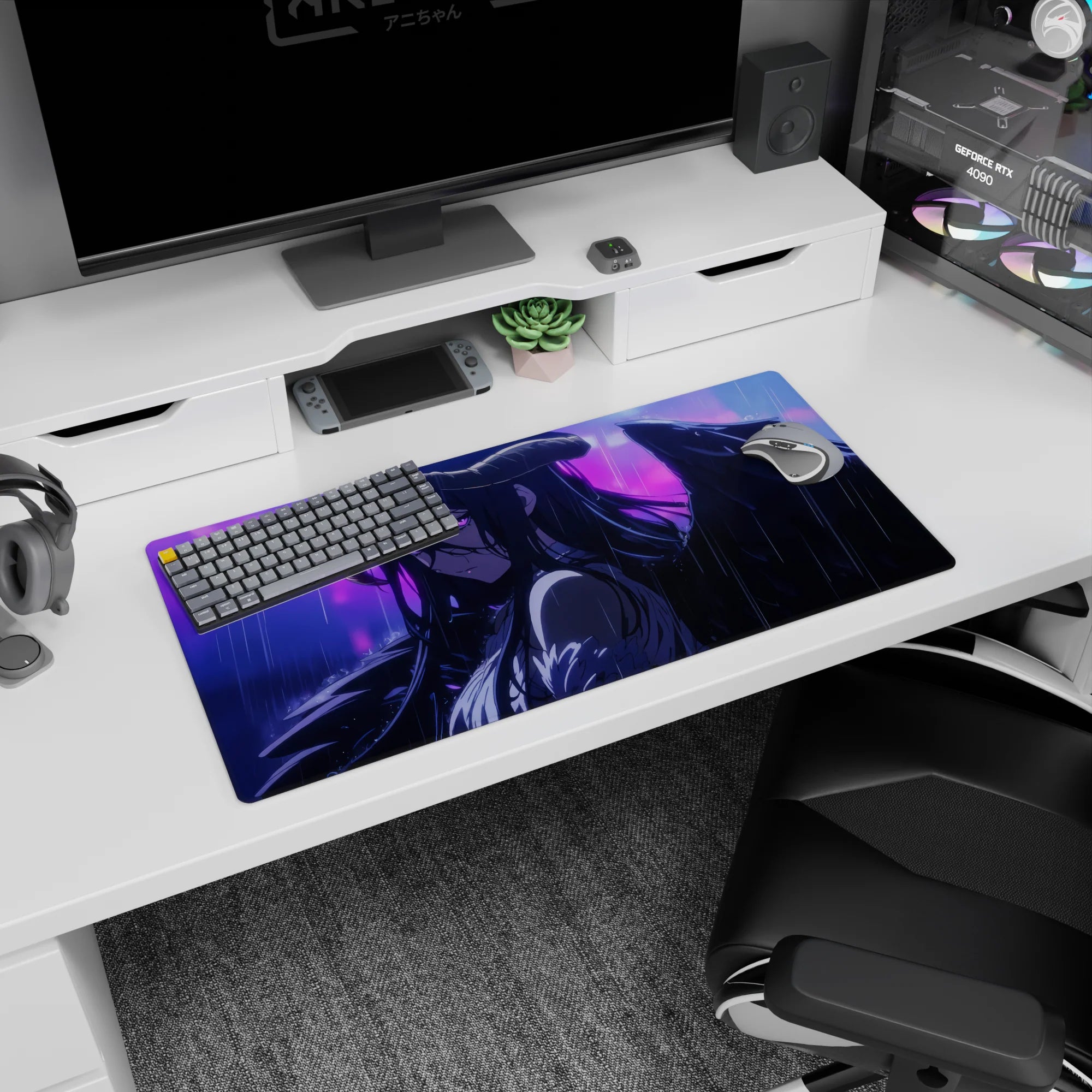 Albedo from Overlord on a 32x16 inch mouse pad, caught in the rain with obsidian wings and violet eyes, evokes deep emotion.