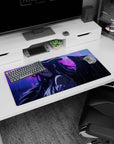 Albedo from Overlord on a 32x16 inch mouse pad, caught in the rain with obsidian wings and violet eyes, evokes deep emotion.