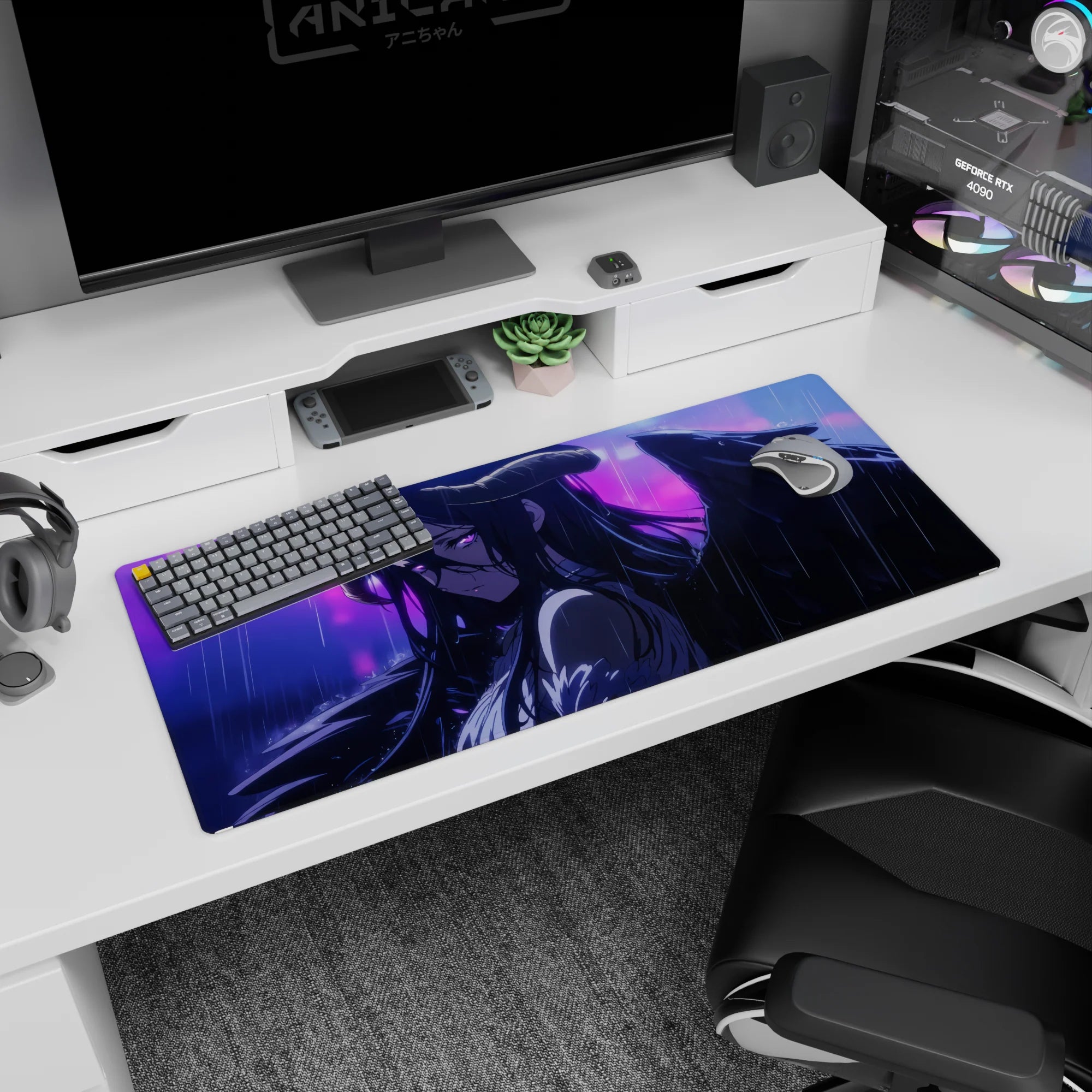 Desk pad featuring Albedo from Overlord, 36x16 inches, with vivid purples and blues capturing her emotive, rain-soaked beauty.