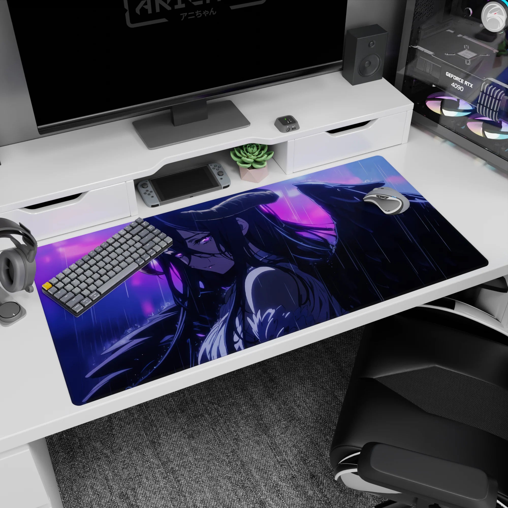 Albedo from Overlord in rain scene on a 40x20 inch anime mouse pad, obsidian wings and violet eyes in deep purples and blues.