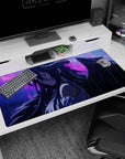 Albedo from Overlord in rain scene on a 40x20 inch anime mouse pad, obsidian wings and violet eyes in deep purples and blues.