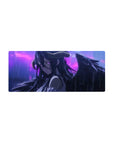 Albedo from Overlord in rain on 28x12 inch anime mouse pad, her obsidian wings droop, violet eyes filled with emotion.