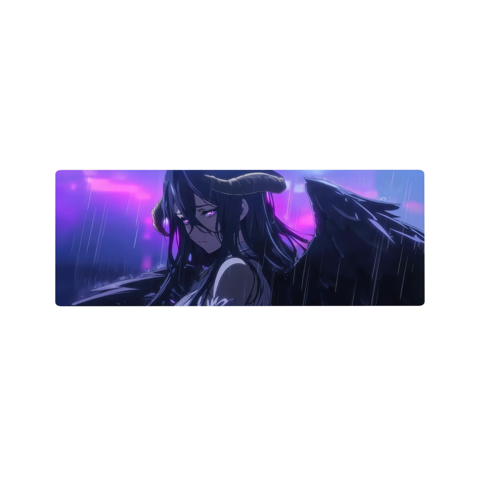Albedo from Overlord on a 32x12 inch anime mouse pad, featuring her under rain with drooping wings and shimmering violet eyes.