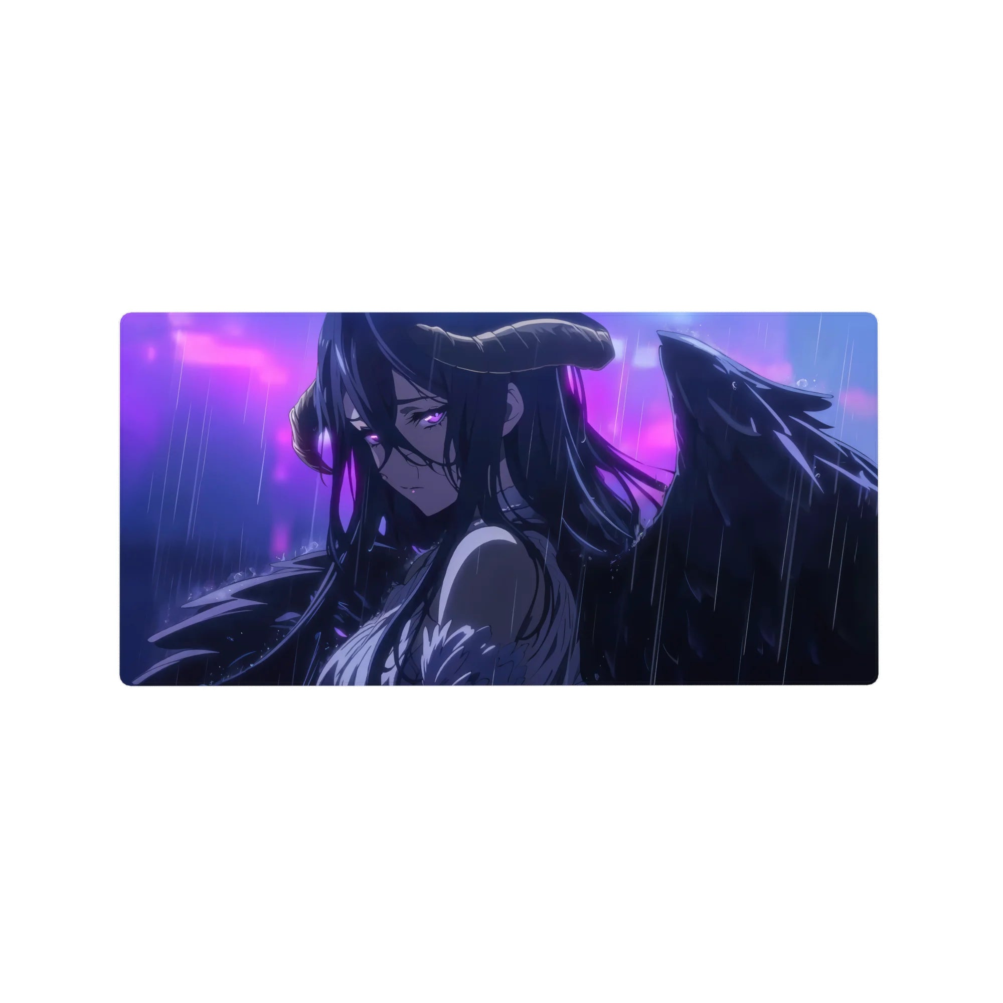 Albedo from Overlord captured in rain on this 32x16 inch anime mouse pad; her wings and violet eyes exude tragic beauty.