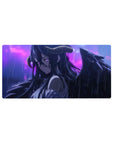 Albedo from Overlord captured in rain on this 32x16 inch anime mouse pad; her wings and violet eyes exude tragic beauty.