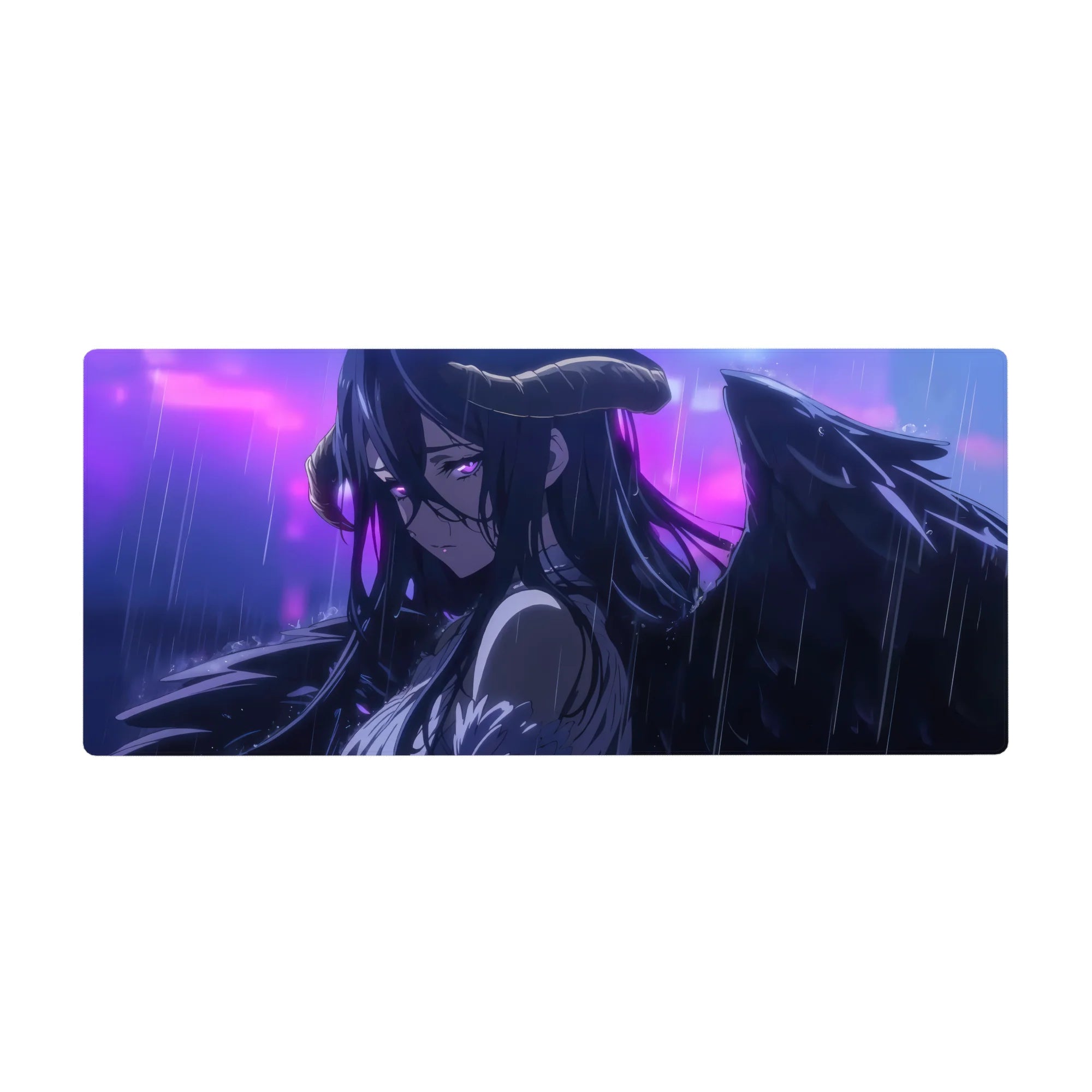 Albedo from Overlord anime mouse pad, 36x16 inches, captures her in rain, violet eyes and wings under storm, cinematic mood.