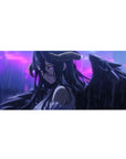 Albedo from Overlord anime mouse pad, 36x16 inches, captures her in rain, violet eyes and wings under storm, cinematic mood.