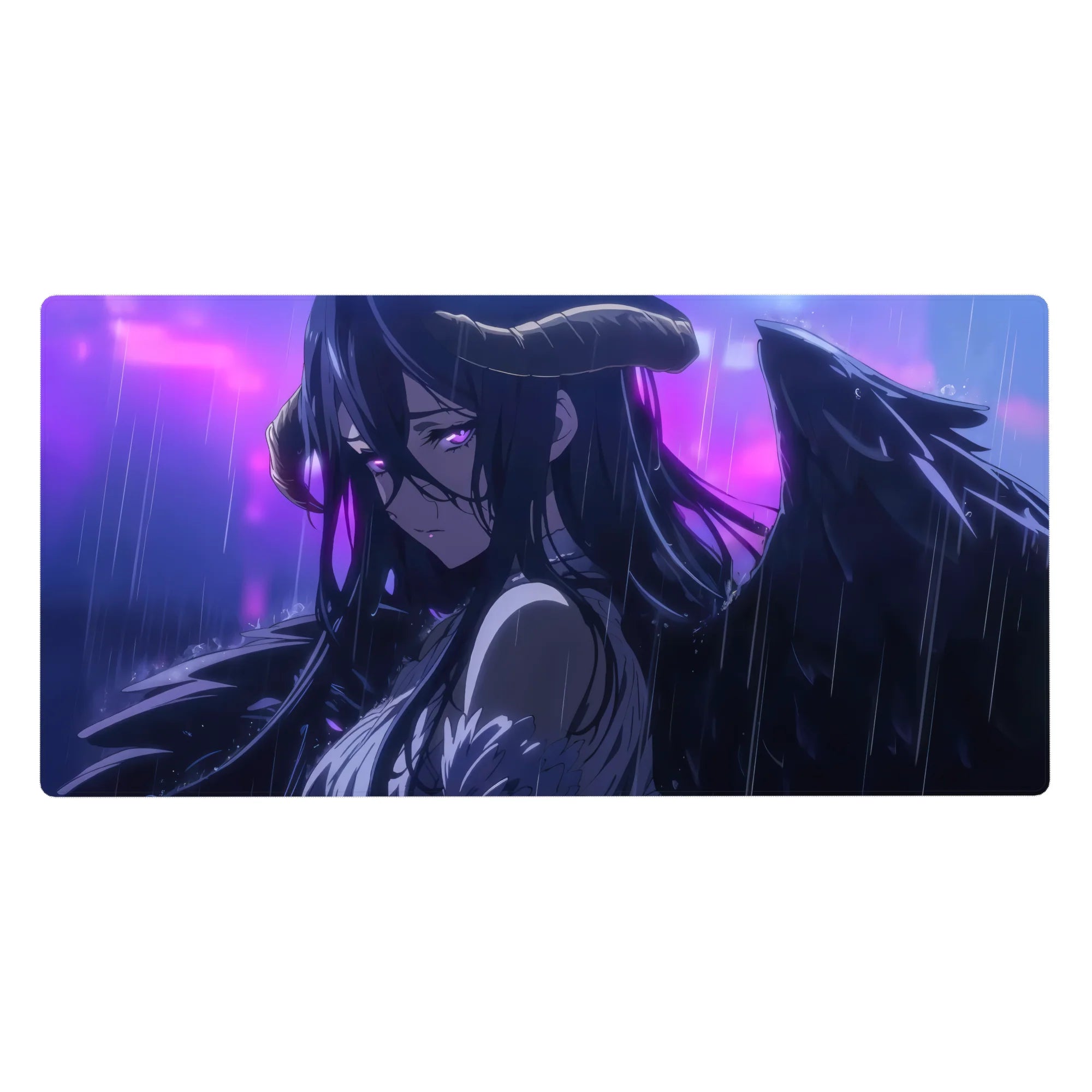 Albedo from Overlord on a 40x20 inch anime mouse pad, captured in rain with obsidian wings and violet eyes conveying deep emotion.