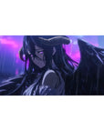 Albedo from Overlord on a 40x20 inch anime mouse pad, captured in rain with obsidian wings and violet eyes conveying deep emotion.