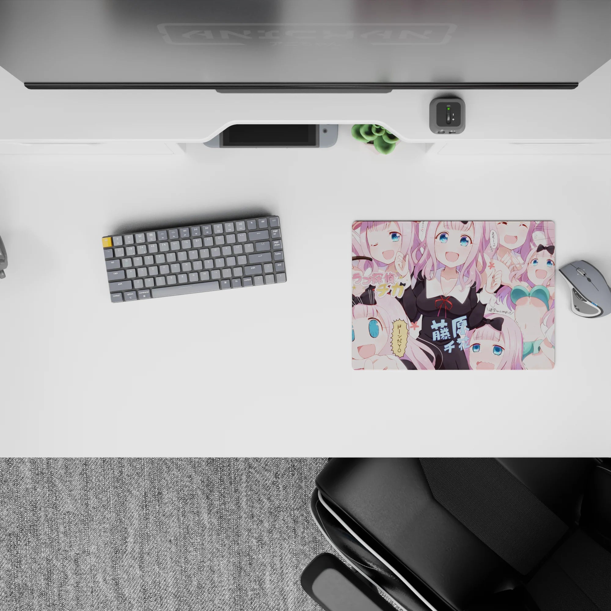 Pastel pink anime mouse pad 14x10 inches with soft blush backdrop and candy-tone hair, cute chaos vibe.