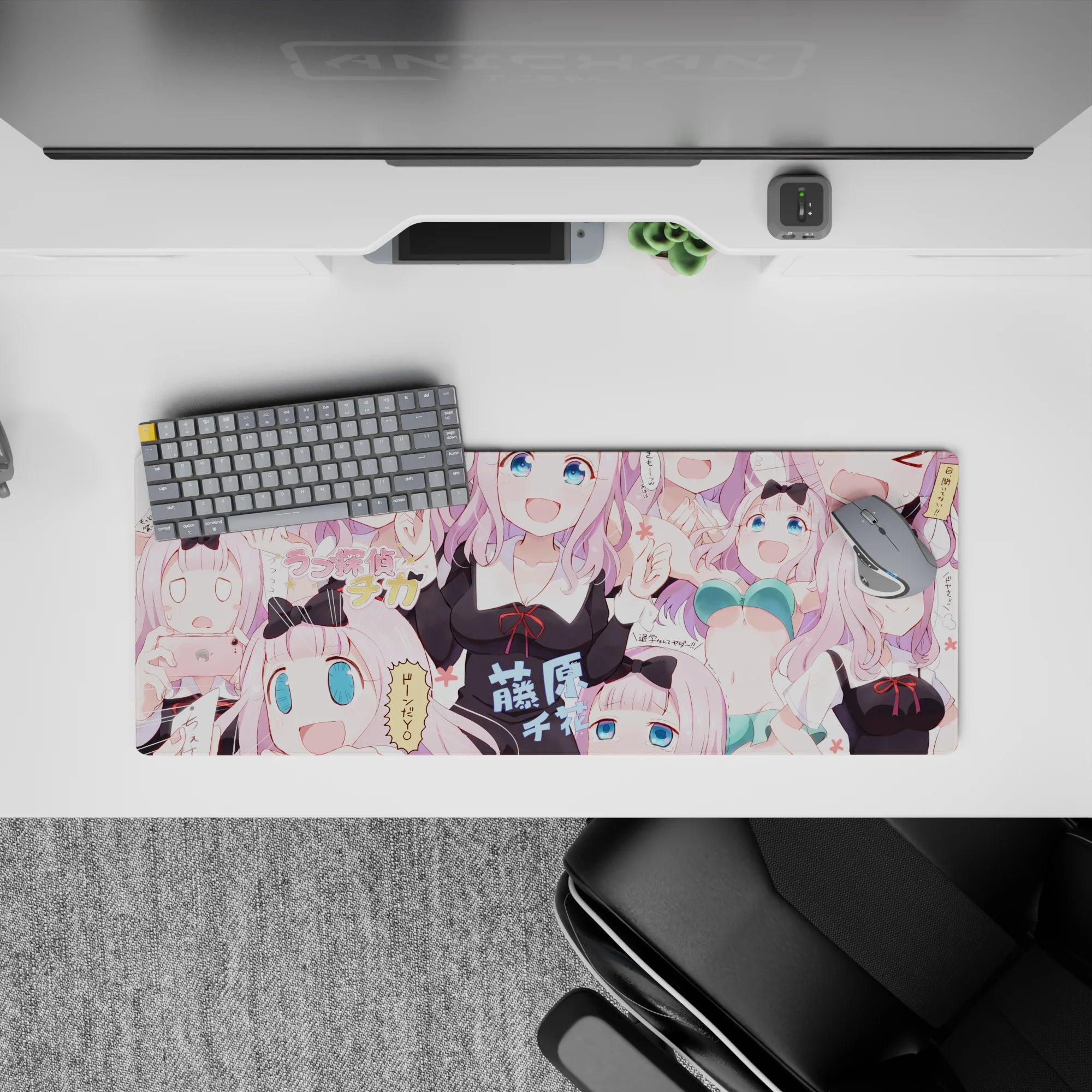 Pastel pink blush anime mouse pad 32x12 inches with candy tones, warm silly vibe, smooth glide.