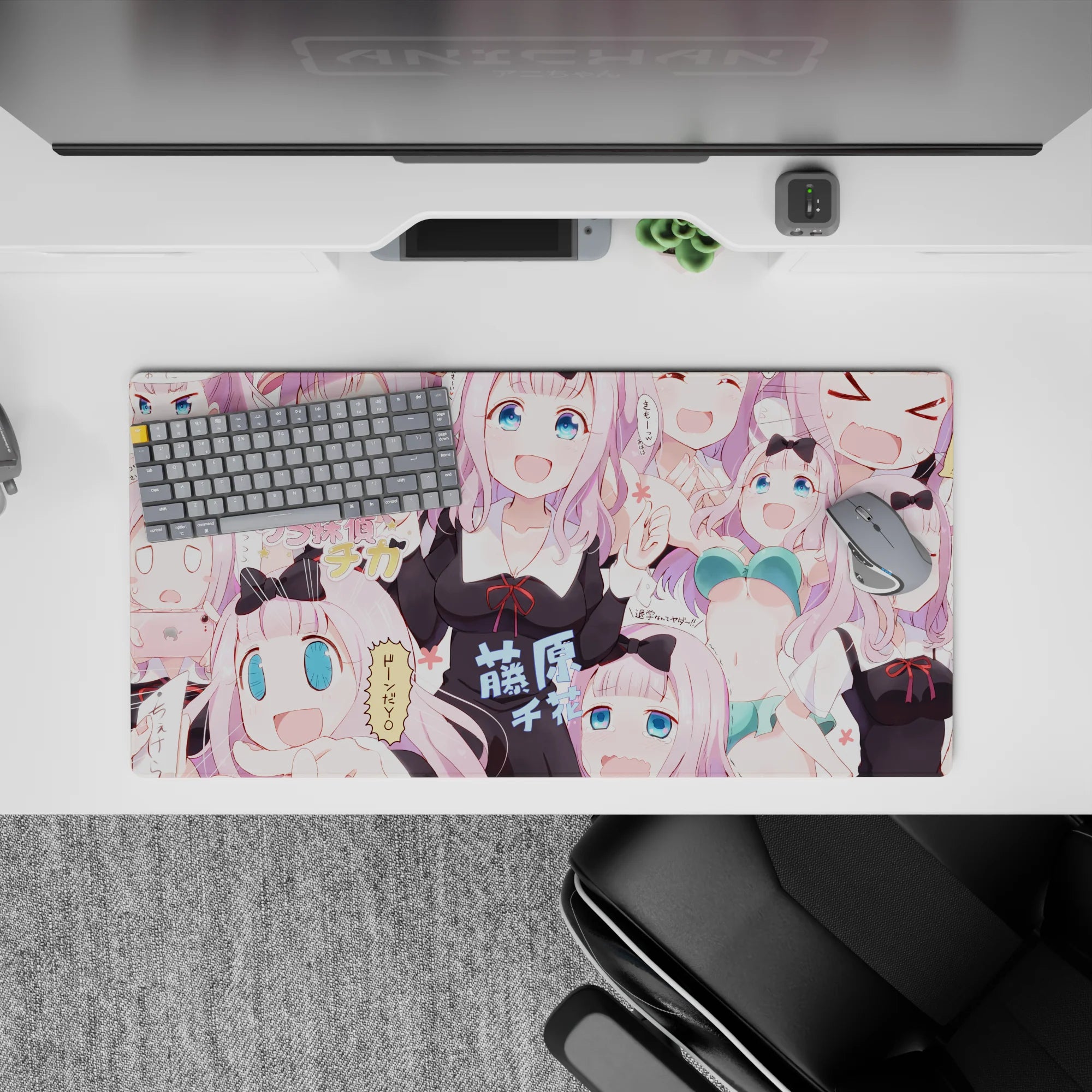 32x16 inches desk mouse pad in soft pink blush and candy pastels, cute chaotic anime vibe.