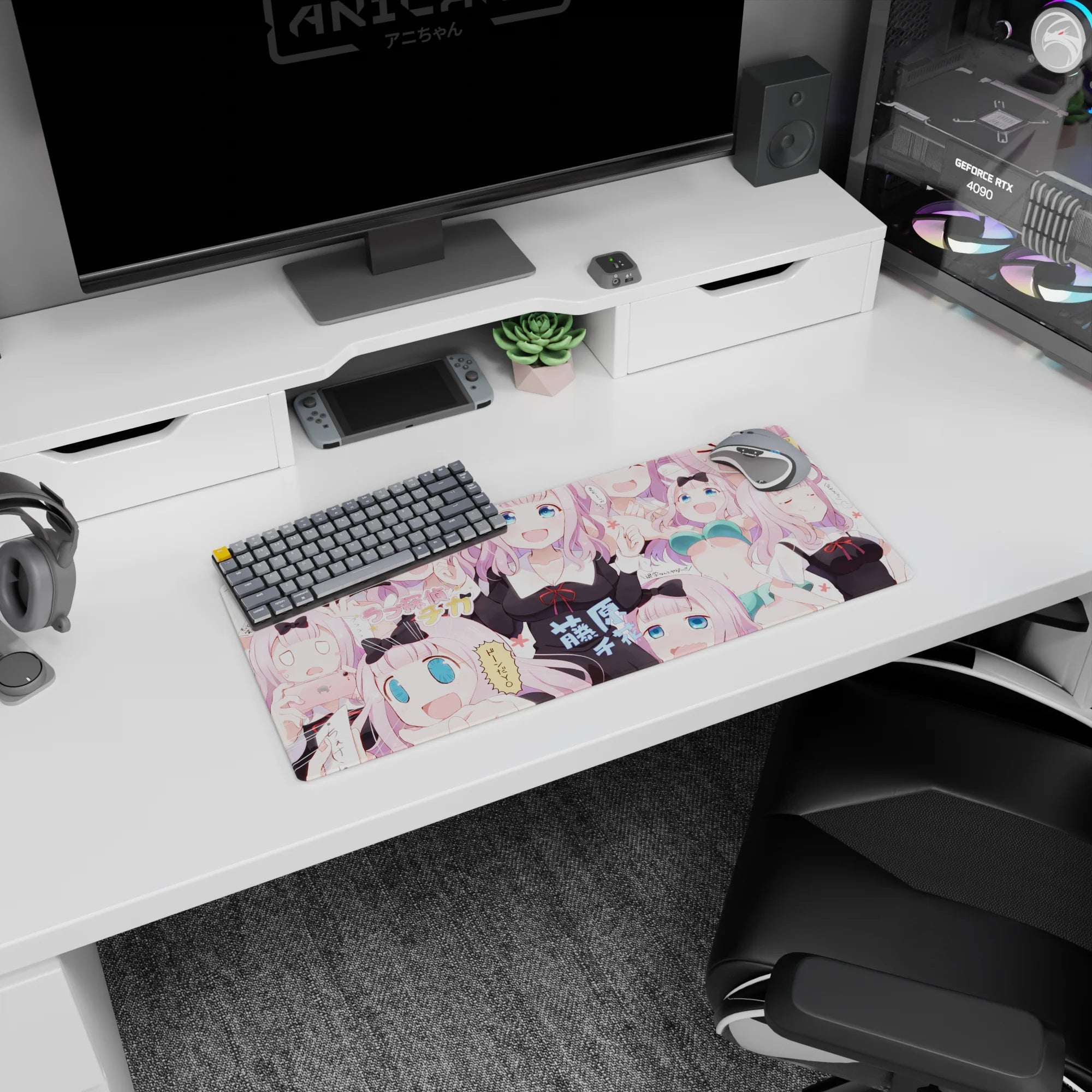 28x12 inches Chika Fujiwara mouse pad featuring her classic reactions, winking and giggling across the mat.