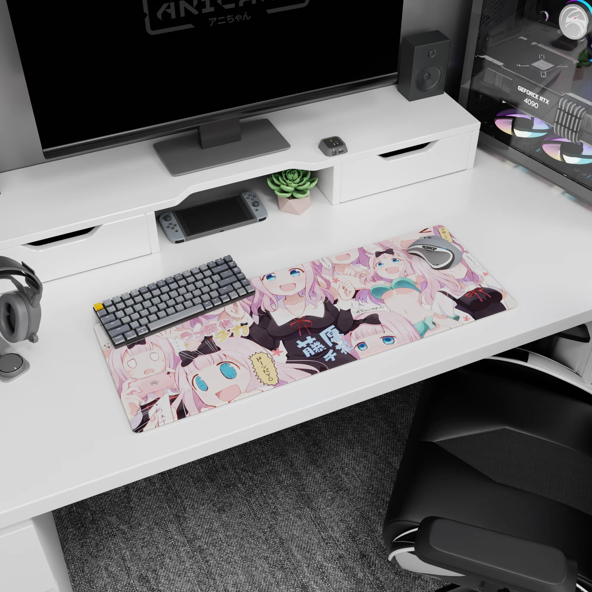 Chika Fujiwara Kaguya-sama mouse pad 32x12 inches, winking and laughing chibi reaction collage.