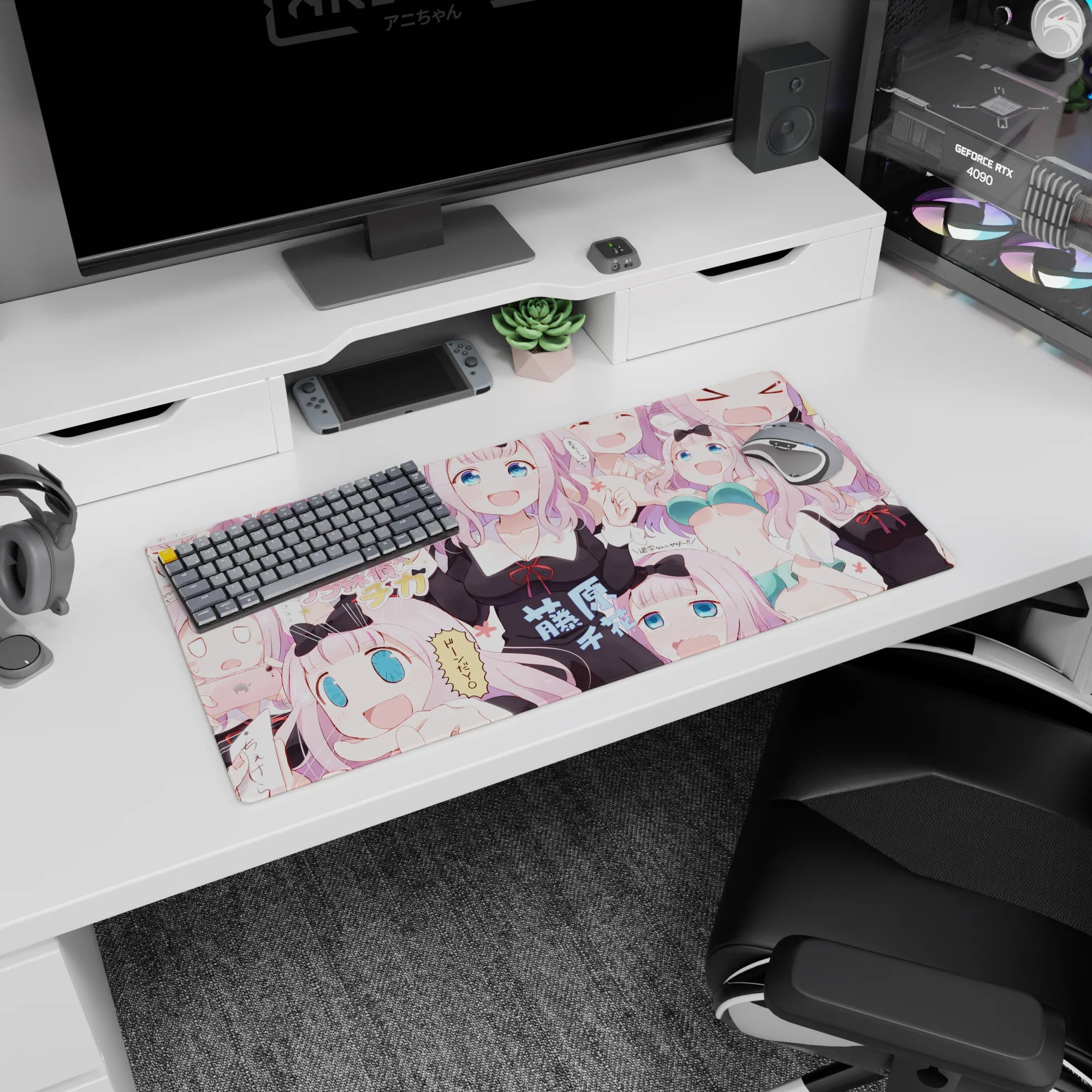 32x16 inches Chika Fujiwara mouse pad from Kaguya-sama, winking and laughing across the desk.