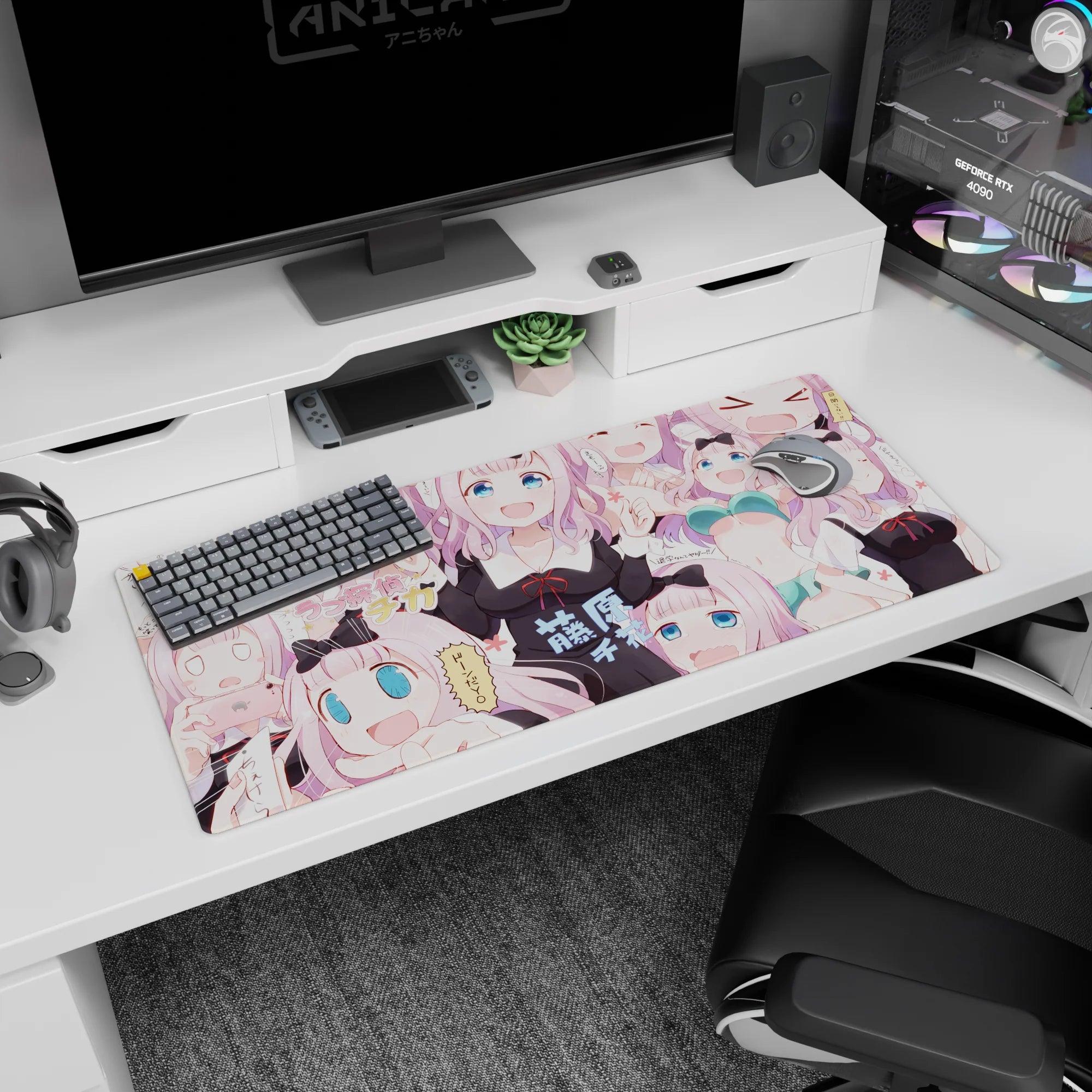 36x16 inches Chika Fujiwara desk pad from Kaguya-sama, winking and laughing chibi reaction collage.