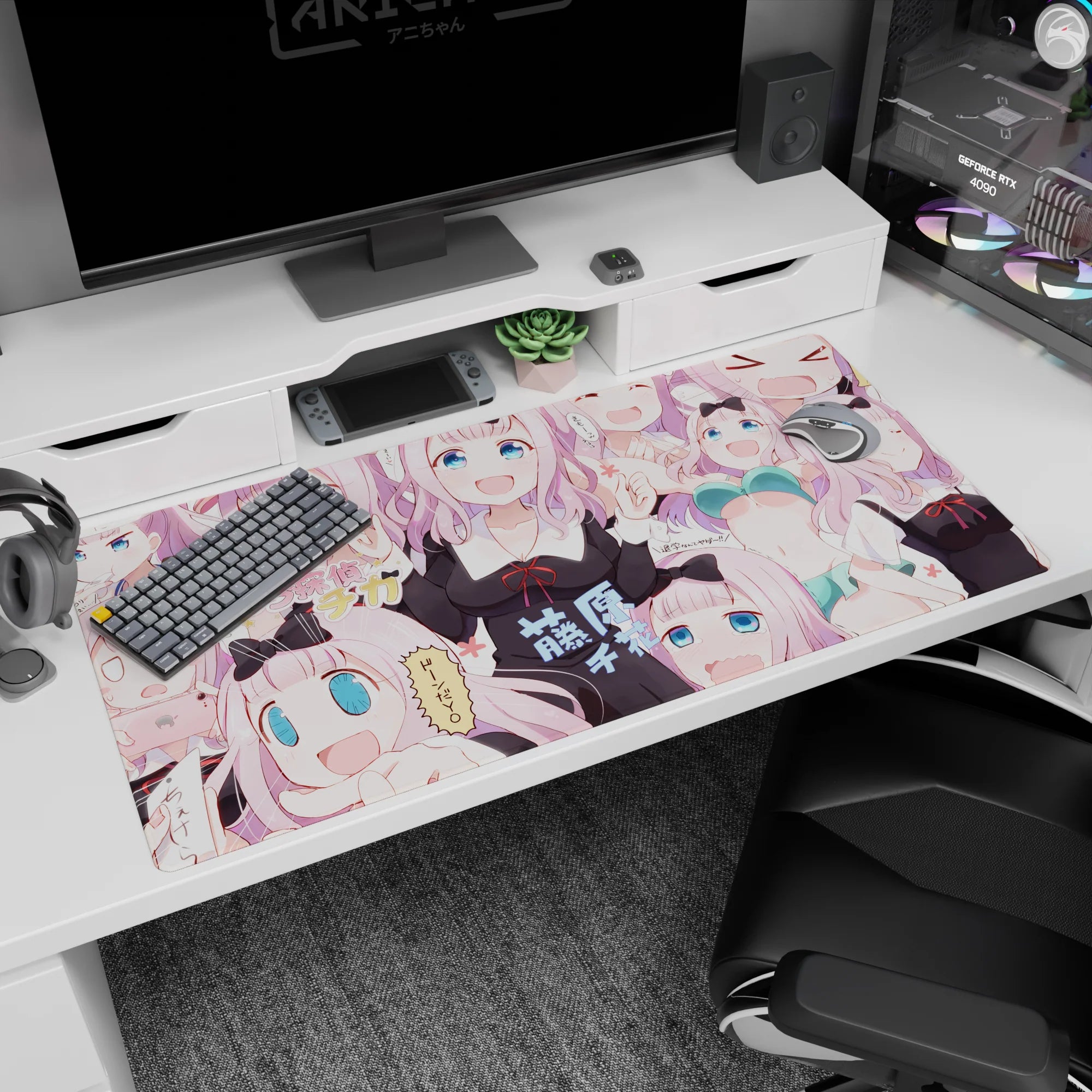 40x20 inches Chika Fujiwara desk pad from Kaguya-sama, winking and laughing in chibi reaction poses.