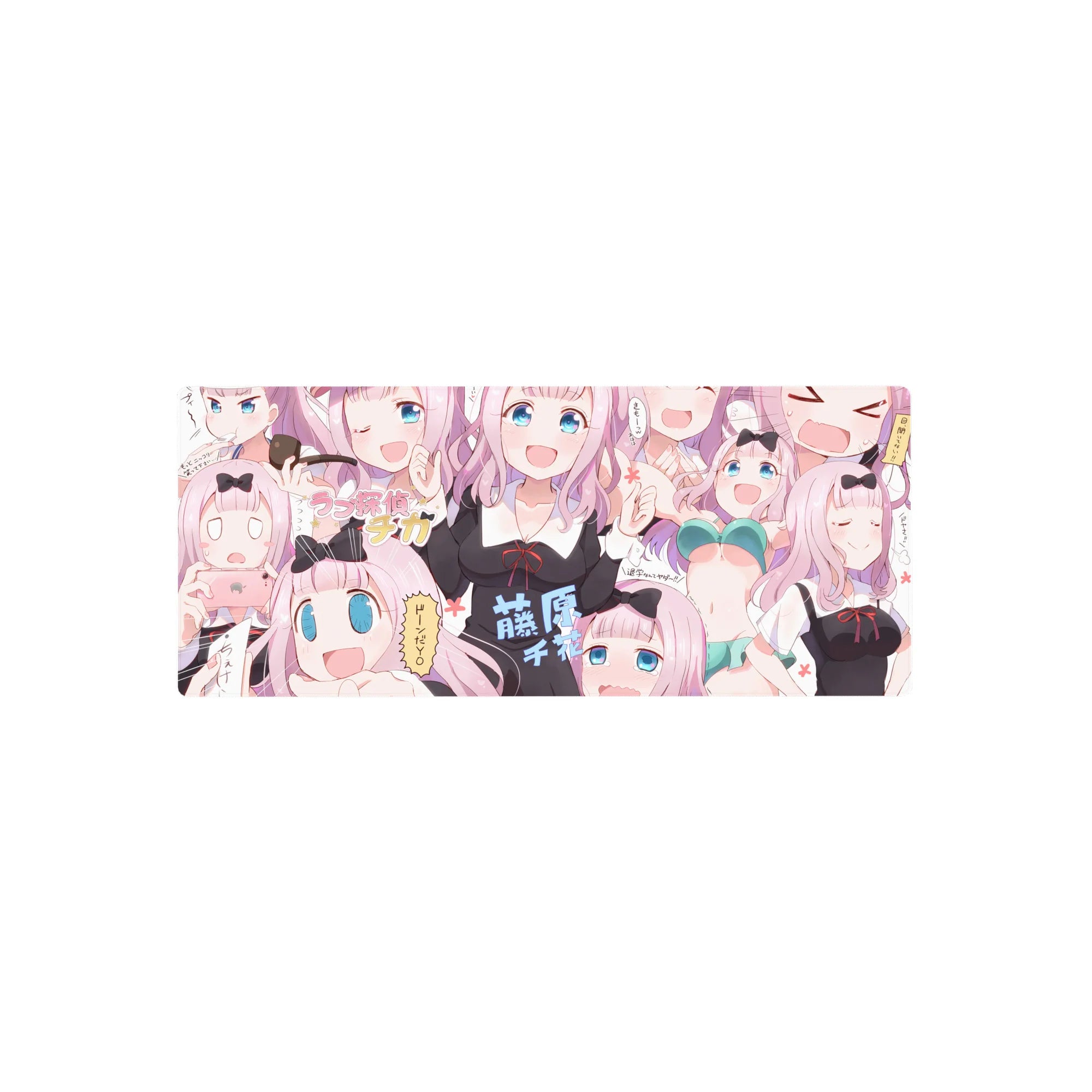 28x12 inches anime girl mouse pad with Chika-style chibi faces, winks, laughs, and cute doodles.