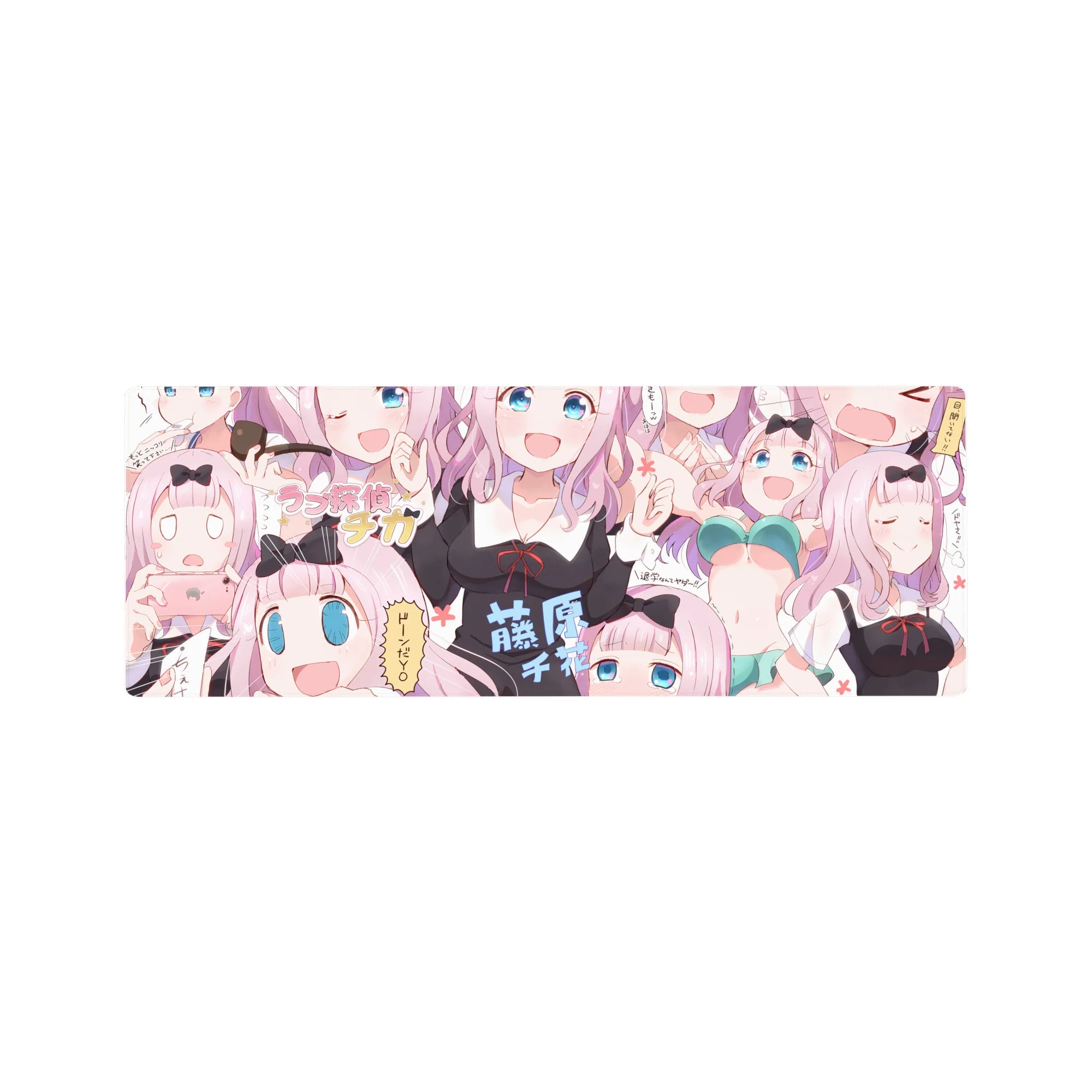 Pink chibi anime girl mouse pad 32x12 inches with cute faces, doodles, and playful desk mat art.